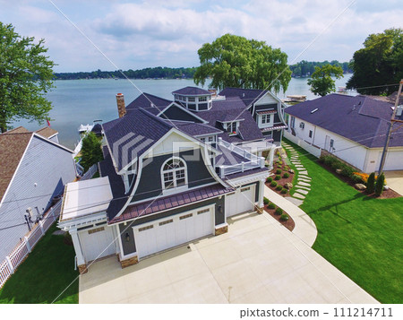 Aerial View of Luxury Lakeside Estate with Manicured Gardens 111214711