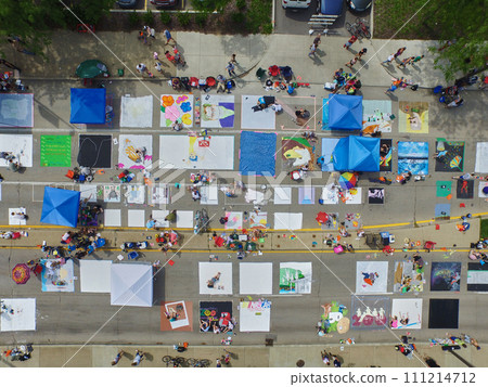 Aerial View of Bustling Street Fair with Sidewalk Art in Downtown Fort Wayne 111214712