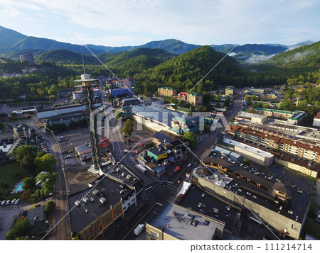 Aerial View of Mountain Town at Dawn - Gatlinburg, Tennessee 111214714