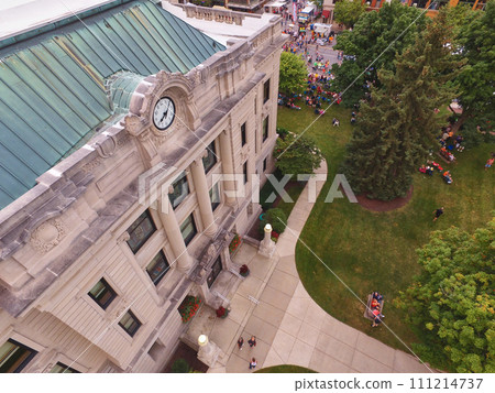 Aerial View of Historic Government Building with Community Event, Indiana 111214737