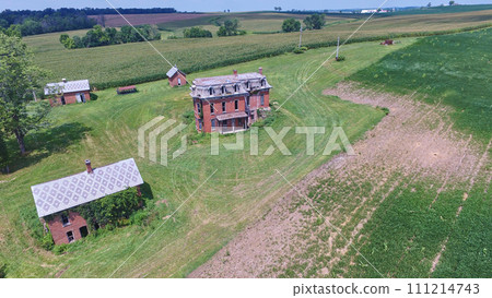 Aerial View of Abandoned Rural Mansion and Farmland in Ohio 111214743