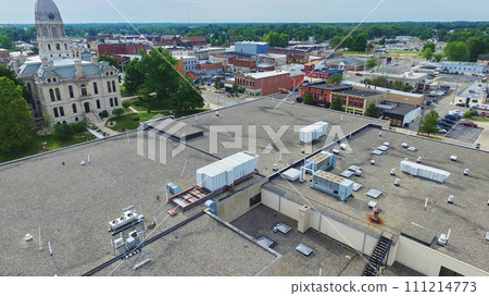 Aerial View of Historic Courthouse and Town Landscape - Etna Green, Indiana 111214773