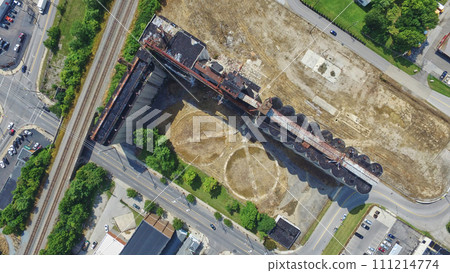 Aerial View of Abandoned Industrial Site with Greenery in Urban Ohio 111214774