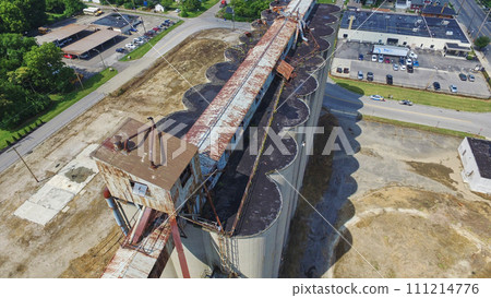 Aerial View of Abandoned Industrial Silos and Urban Landscape, Ohio 111214776