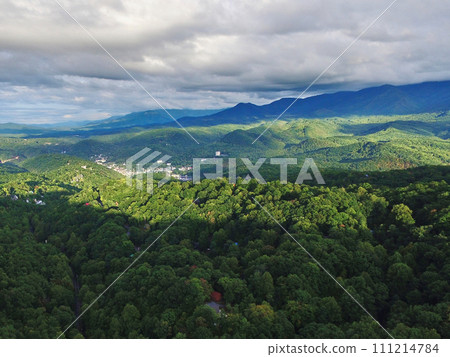 Aerial View of Smoky Mountains and Gatlinburg at Golden Hour 111214784