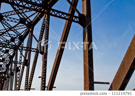 Close-up View of Steel Bridge Structure against Blue Sky in Louisville, Kentucky 111214791