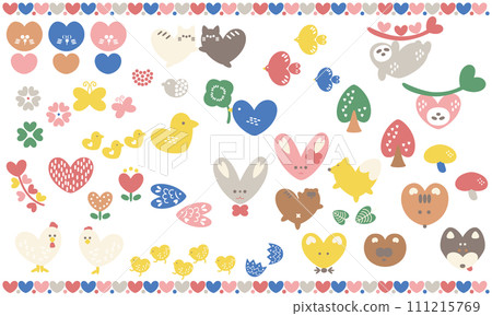 Scandinavian-style illustration set of animals and plants with a heart motif (color) Scandinavian-style illustration set of animals and plants with a heart motif (color) 111215769