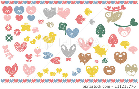 Scandinavian style illustration set of animals and plants with a heart motif (stamp style) 111215770