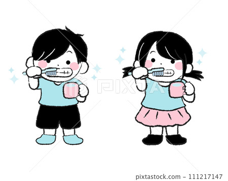 Boy and girl children brushing their teeth 1-3 111217147