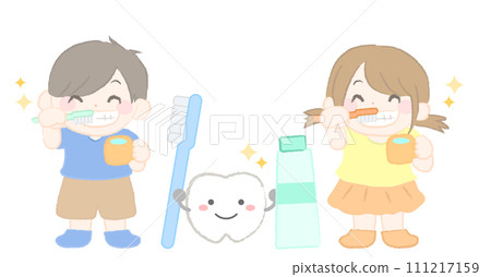男孩和女孩刷牙和牙齒的插圖 111217159