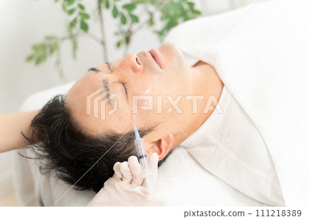 A patient injecting Botox, hyaluronic acid, and fat injection into the outer corners of the eyes and a cosmetic surgeon 111218389