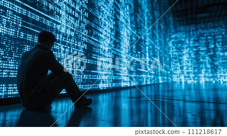 Silhouette of a hacker sitting in front of binary code background 111218617
