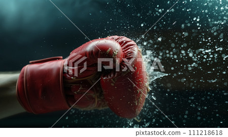 Boxing gloves punching a hole in the air. Close-up. 111218618