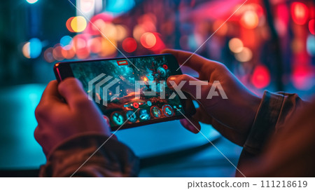 Young man playing video games on mobile phone in the city at night 111218619