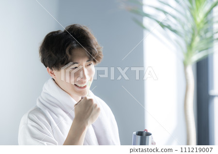 Profile of a young man brushing his teeth, bust up, morning image 111219007