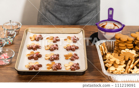 Preparing star-shaped cookies, half-dipped in chocolate, accented with peppermint chocolate chips for the holidays. Preparing star-shaped cookies, half-dipped in chocolate, accented with peppermint chocolate chips for the holidays. 111219091