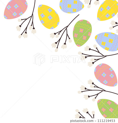 Vibrant corner frame border of Easter eggs and spring flowering twigs. Copy space. Easter greetings 111219453
