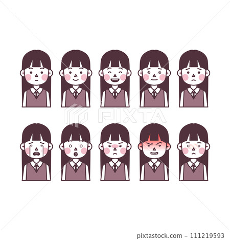 illustration of a schoolgirl in uniform expressing various emotions 111219593
