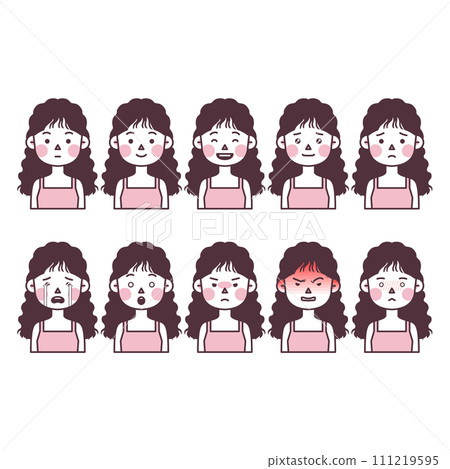 illustration of a woman with a long perm expressing various emotions 111219595