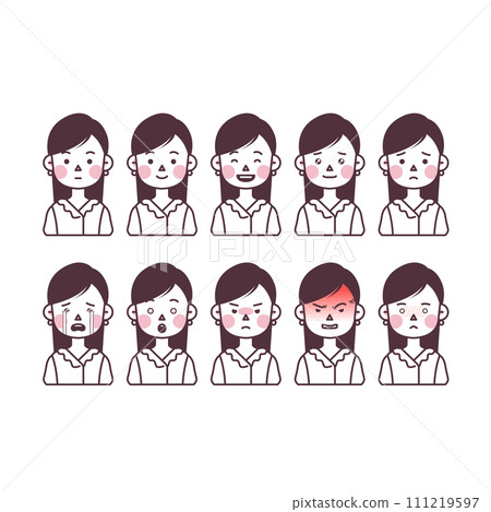 illustration of a woman with long hair and pearl earrings expressing various emotions 111219597