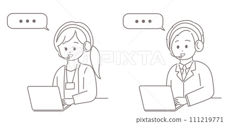 Illustration of two male and female operators talking over an intercom while looking at a computer 111219771