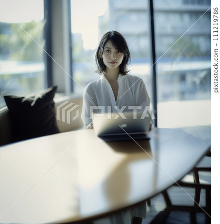 AI image generation Young woman seated in a conference room 111219786