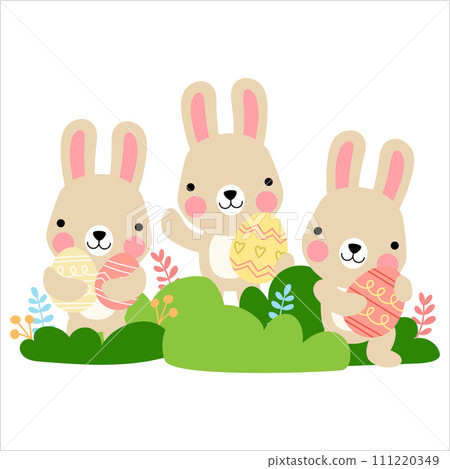 Easter bunny rabbits with baby chicks and Easter eggs, Welcome spring season Easter bunny rabbits with baby chicks and Easter eggs, Welcome spring season 111220349