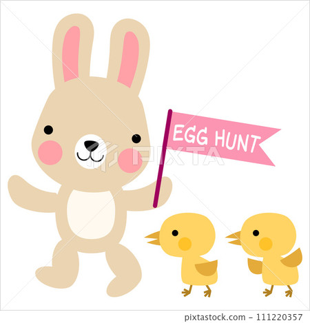 Easter bunny rabbits with baby chicks and Easter eggs, Welcome spring season 111220357
