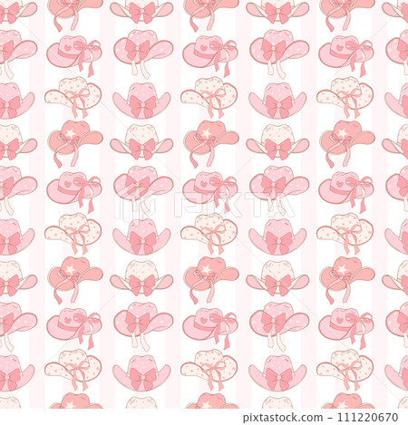 Coquette Pink cowgirl hat pattern seamless, Preppy Girly Western Digital Paper isolated on white background. Coquette Pink cowgirl hat pattern seamless, Preppy Girly Western Digital Paper isolated on white background. 111220670