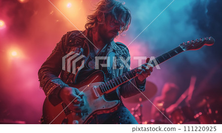 Rock guitar hands strumming a soulful solo on the grand stage. Guitarist nimble fingers dance across the strings. Generative AI. 111220925