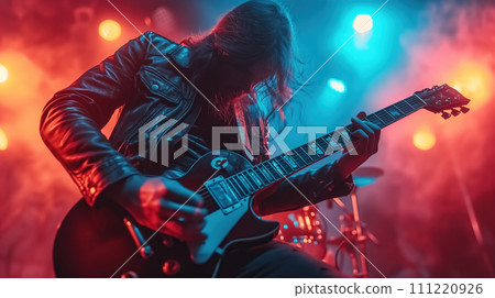 Rock guitar hands strumming a soulful solo on the grand stage. Guitarist nimble fingers dance across the strings. Generative AI. Rock guitar hands strumming a soulful solo on the grand stage. Guitarist nimble fingers dance across the strings. Generative AI. 111220926