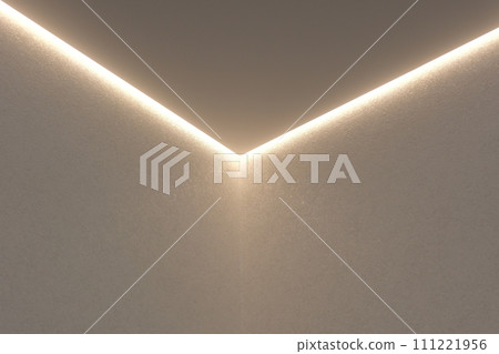 Diode lighting in the corners of the ceiling in an apartment with a stretch ceiling. Modern design electric tube light on white wall 111221956