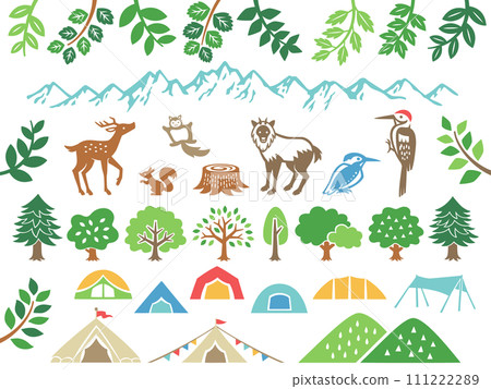 Illustration set of mountains, animals and camping 111222289