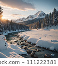 Rural mountain stream and snowman in the evening 111222381
