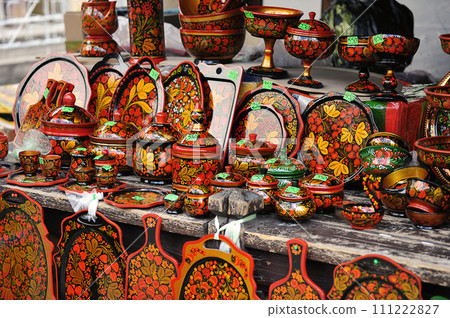 sale of Russian painted souvenirs at the flea market in Izmailovo in Moscow sale of Russian painted souvenirs at the flea market in Izmailovo in Moscow 111222827