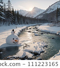 Snowman bathed in the winter morning light 111223165