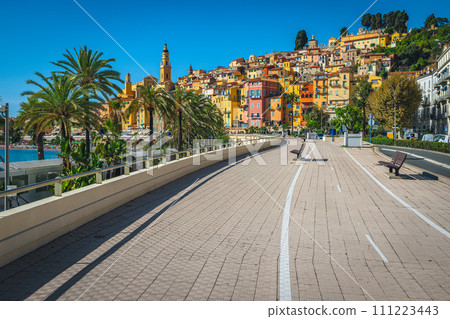 View with old town of Menton from the walkway, France 111223443