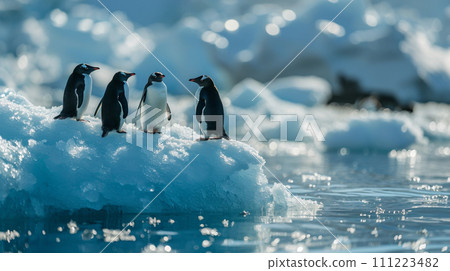 Penguins riding on drift ice that has melted due to global warming 111223482