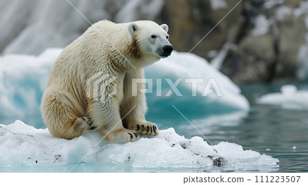 一隻北極熊騎在因全球暖化而融化的流冰上 111223507