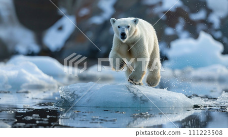 A polar bear rides on drift ice that has melted due to global warming 111223508