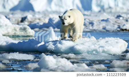 一隻北極熊騎在因全球暖化而融化的流冰上 111223509