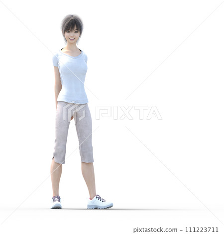 穿著T恤和7分鐘褲子燙髮的年輕女子3DCG插畫素材 111223711