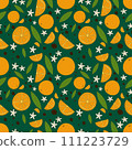 Seamless pattern. Orange juicy fruits leaves and flowers on shabby background. 111223729