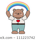 A cute cartoon bear stands with a rainbow over 111223742