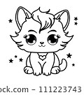 Cute cat coloring page for kids. Cartoon fluffy cat illustration. 111223743