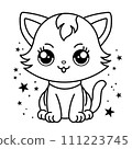 Cute cat coloring page for kids. Cartoon fluffy cat illustration. 111223745