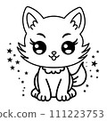 Cute cat coloring page for kids. Cartoon fluffy cat illustration. 111223753