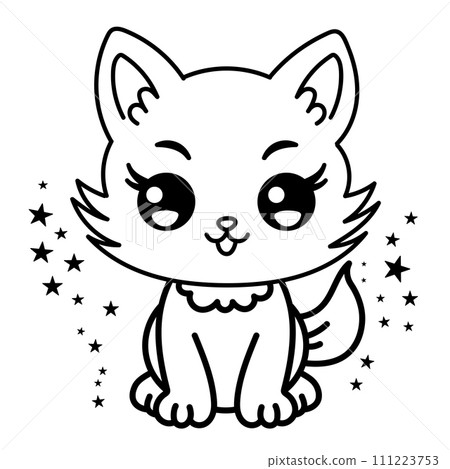 Cute cat coloring page for kids. Cartoon fluffy cat illustration. Cute cat coloring page for kids. Cartoon fluffy cat illustration. 111223753