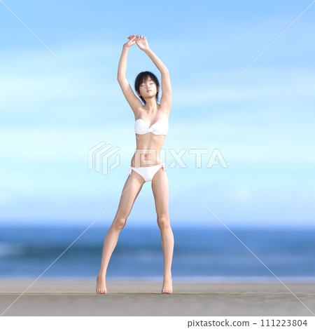 Young woman in a white swimsuit posing at the seaside perming3dcg illustration material 111223804