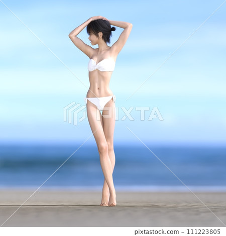 穿著白色泳衣的年輕女子在海邊擺姿勢 perming3dcg 插畫素材 111223805